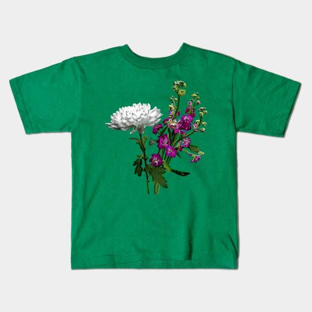 White Chrysanthemum and Purple Snapdragons Kids T-Shirt by SusanSavad